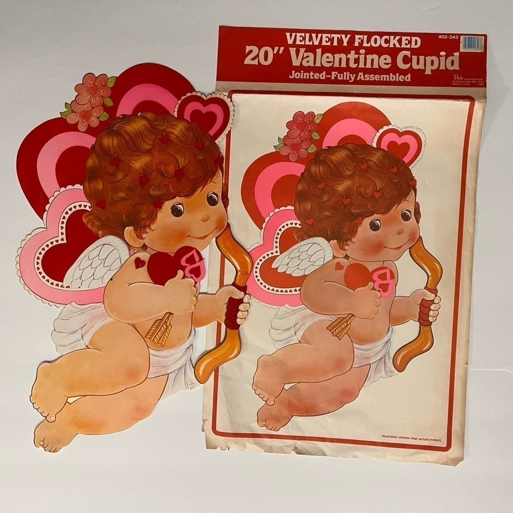 Vintage Valentine Cupid’s Arrow Flocked and Jointed Valentine 80’s